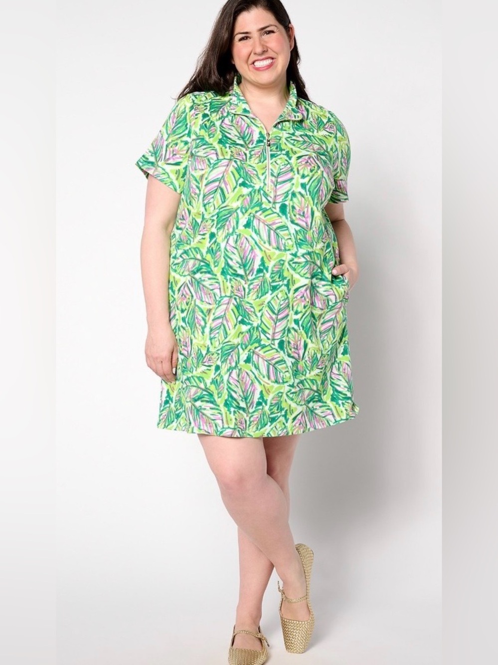 Belle by Kim Gravel Green Perfect Pique Batik Chic Zip Dress! Size 1X.